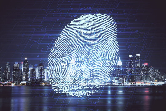 Double exposure of finger print hologram and cityscape background. Concept of personal security.