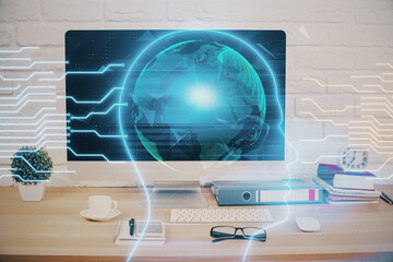 Double exposure of desktop with computer and brain drawing hologram. Artificial intelligence...