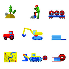 Vector flat icons with industrial equipment and other objects on a cable laying