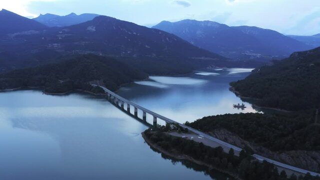 Reservoir in Berga.Barcelona. Catalonia,Spain. Aerial Drone Footage