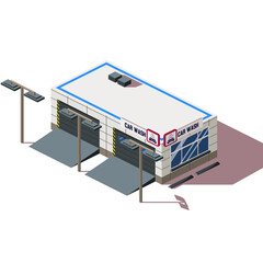 Car wash building in 3d.Car wash isometric illustration.Car wash building icon.Isolated car wash on a white background, there is a place for an inscription