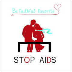 Vector illustration with a man and a woman sitting on a bench, and text STOP AIDS
