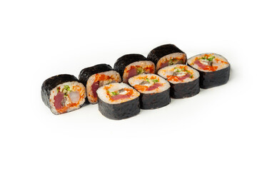 Fresh sushi roll on a white plate, classic Japanese sushi. Traditional Japanese food with maki. Delicious pieces of sushi. For the restaurant menu. copyspace