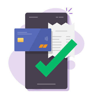Payment bill using smartphone mobile cell phone online vector, invoice via mobile cellphone and credit bank card paying flat style, wireless electronic digital pay concept transaction receipt icon