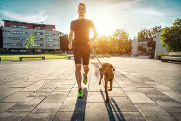 Silhouettes of runner and dog on city street under sunrise sky in morning time. Outdoor walking....