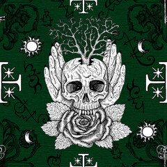 Seamless pattern with wiccan emblem, rose, tree and skull in human hands against fantasy crosses.