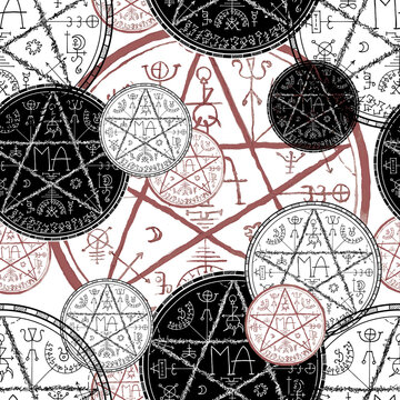 Seamless pattern with black and red magic seals with pentagram on white.