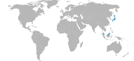 Japan, Malaysia countries isolated on world map. Maps and Backgrounds.