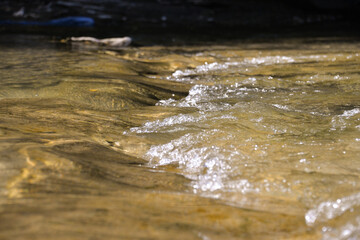 the water runs along the river and glistens in the sun in the autumn afternoon