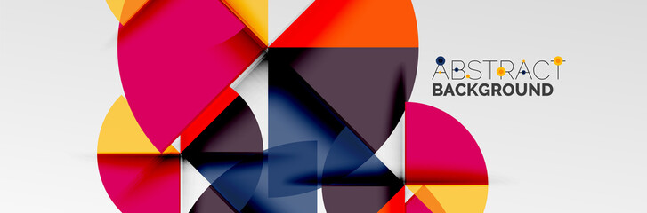 Bright color circles, abstract round shapes and triangles composition with shadow effects. Vector modern geometric design template