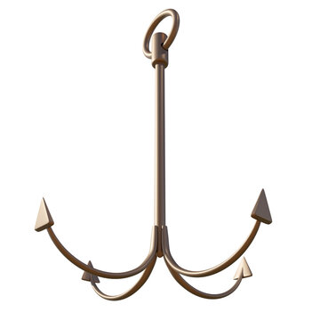 Metal anchor of the cat river anchor type with four pointed curved legs at the bottom and a ring for securing the rope at the top on an isolated white background, 3D illustration.