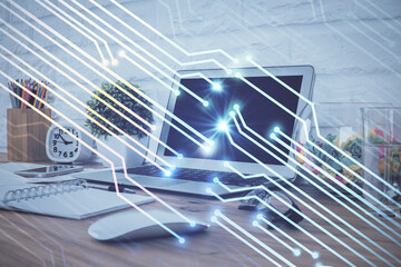 Multi exposure of desktop with personal computer and tech theme drawing. Concept of Bigdata.