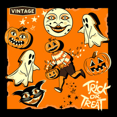 A vintage collection of halloween characters and decorations. Vector illustration. © James Thew