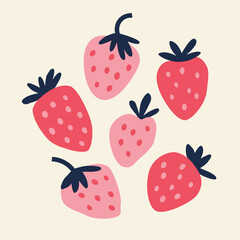Vector illustration of pink and red strawberries on a beige background.