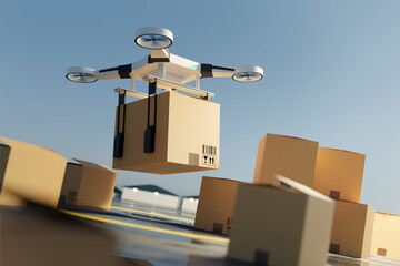 A Drone quadcopter lifting off the ground carrying a large parcel. Drone delivery service. 3D illustration.