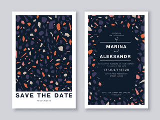 Save the date wedding invitation cards template design with colorful venetian terrazzo flooring, surface imitation with marble pieces, modern abstract pattern. Social media post design template.