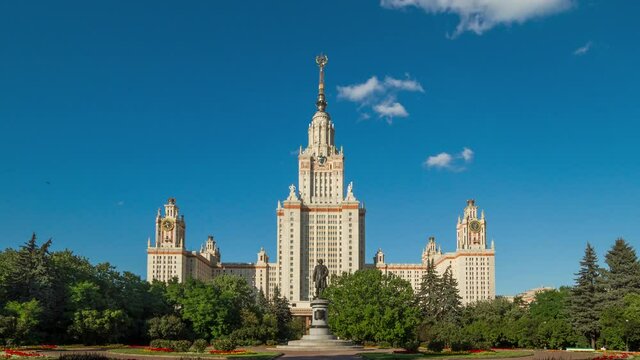 Moscow State University main building and Lomonosov monument. Iconic building and sightseeing in Moscow, Russia. 4K Time lapse