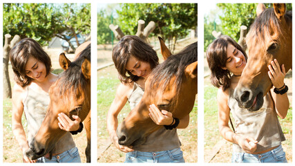 Fototapeta na wymiar Three photos of a girl with dreadlocks stroking her brown horse.