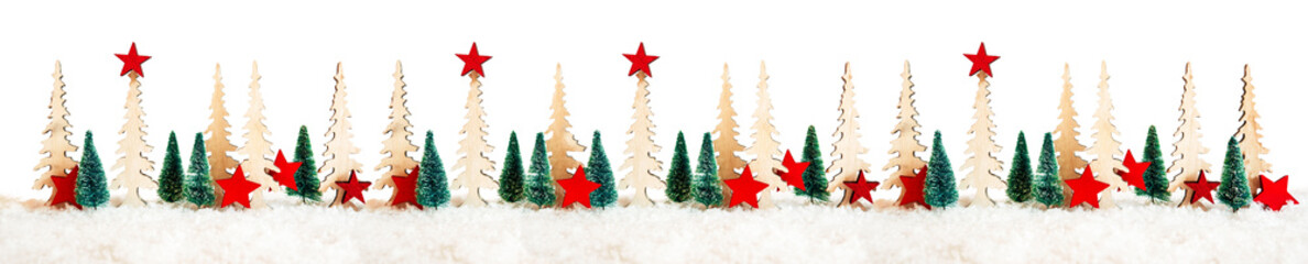 Banner With Many Christmas Tree. Red Christmas Star Decoration And Ornament. White Isolated Background With Snow
