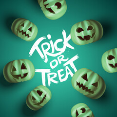 A group of scary Jack O Lantern pumpkin faces with trick or treat text. Realistic vector illustration.