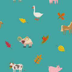 Seamless autumn pattern with farm animal ram, goose, cow, pig, horse