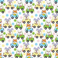 Obraz premium pattern design with cute animal cartoon driving car, copy space