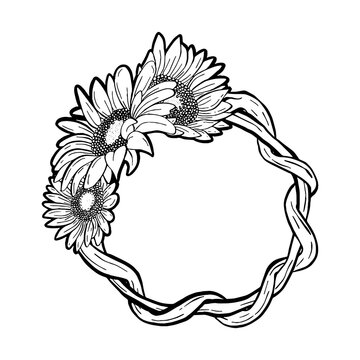 Doodle black line sunflowers vine circle frame. 2 silhouette for cut file, clipart. Digital or printable sticker. Vector illustration for decorate logo, card or any design.