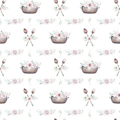 watercolor vintage flowers seamless pattern.