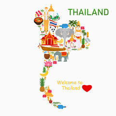 Thailand map with national symbols. Travel to Thailand. Traditional architecture.