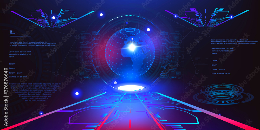 Poster holographic blue glowing 3d ball or earth energy shield in futuristic space of user hud interface. g