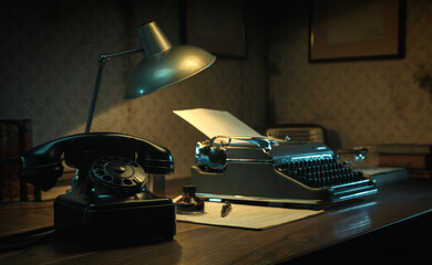Vintage film noir office desk with old typewriter