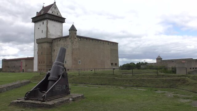 Panoramic view of Narva Castle in Estonia and Ivangorod Casle in Russia