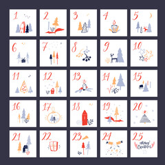 Christmas advent calendar. Square layout with hand drawn countdown numbers, cute illustrations of trees, animals and houses. Vector poster design.