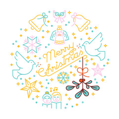 Merry Christmas. Winter holidays. Greeting card. Colorful line icon and white background