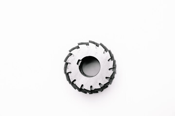 Metal disc milling cutter for industrial equipment. Tool isolated on a white background. Close-up