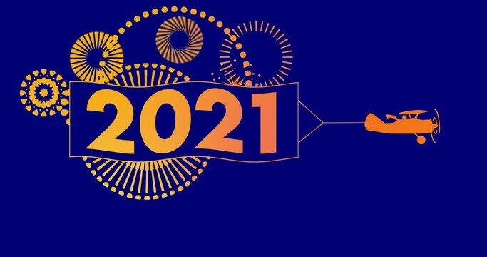 Animation of flying Biplane with banner 2021 and firework sparkle