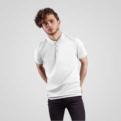 Mockup of a fashionable t-shirt on a man in black jeans, an empty polo for design presentation, advertising in an online store.