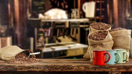 Fresh coffee on wooden desk and free space for your decoration 