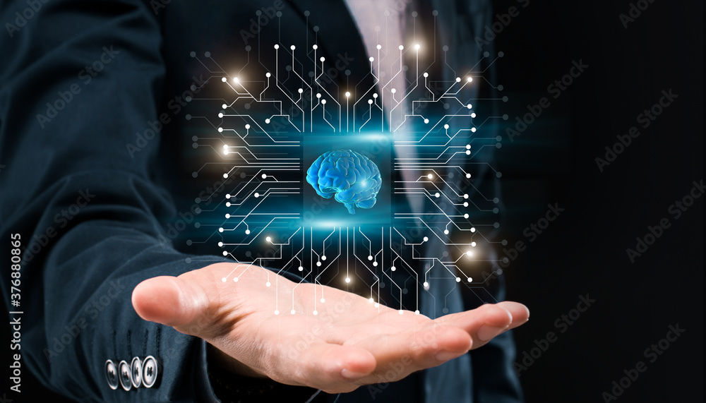 Aufkleber ai for business. unrecognizable businessman holding microchip holgram with digital 3d brain