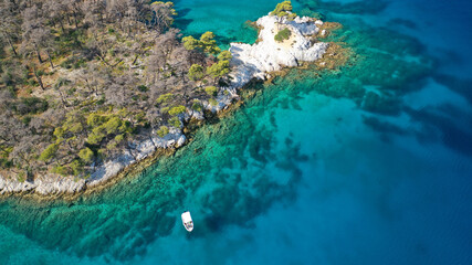 Aerial drone photo of tropical exotic bay with turquoise rocky seascape in Caribbean destination island