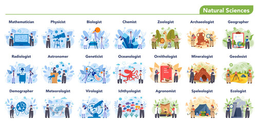 Natural scientist profession set illustration. Idea of scientific