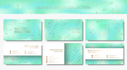 Fototapeta na wymiar Vector abstract business cards collection with geometric golden elements on aqua menthe background