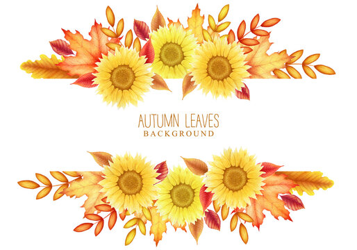 Watercolor Illustration with hand drawn sunflowers, colorful leaves and branches isolated on white background. Autumn plants background design for invitation, poster, card, print, wallpaper
