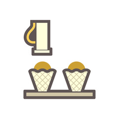 Machine fill ice cream in cone in food processing production vector icon design on white background.
