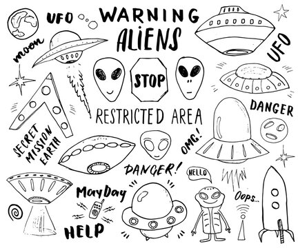 Aliens and Ufo Hand Drawn sketch Set. Cute Cartoon alien spaceships Doodles and Lettering Vector Illustration