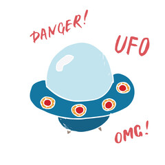 Cute Ufo Cartoon Hand Drawn aliens spaceship Doodle t-shirt print design. Vector Illustration