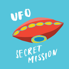 Cute Ufo Cartoon Hand Drawn aliens spaceship Doodle t-shirt print design. Vector Illustration