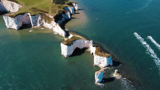 ENGLAND - 2020 - Beautiful aerial over the white cliffs of Dover near Old Harrys Rocks on the south coast of England.