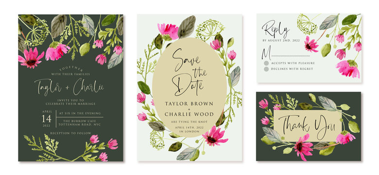 wedding invitation set with pink green flower watercolor