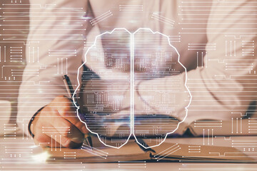 Man with multi exposure brain theme icons.